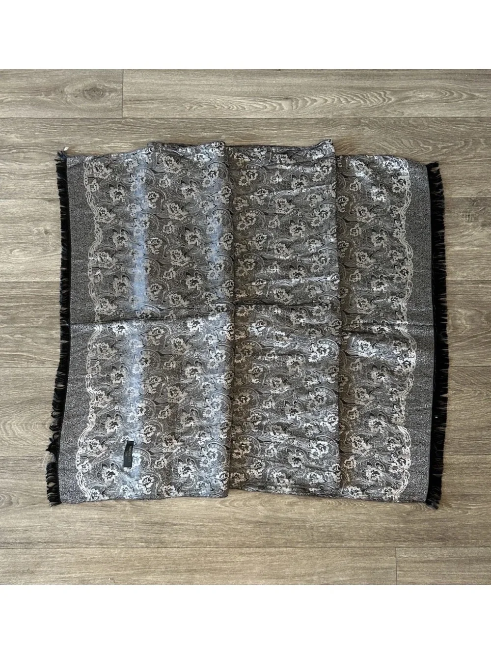 Vintage Thai Silk 100% Silk Shawl Wrap Silver Black Paisley Brocade Fringe 73in